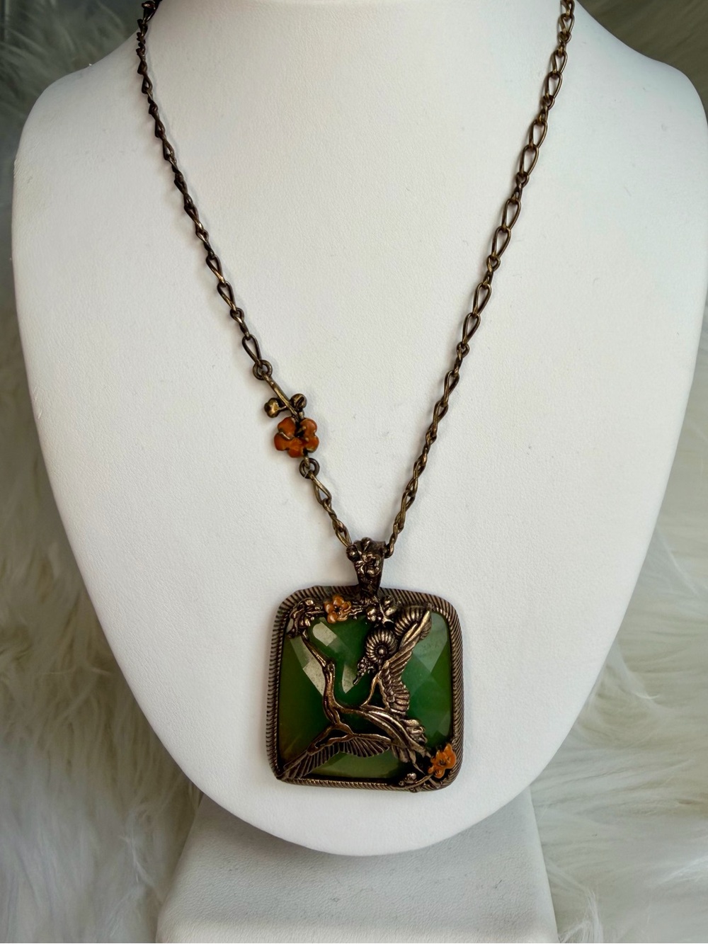 90’s Lucky Brand Antique Brass-Tone Green Crane Pendant Statement Necklace